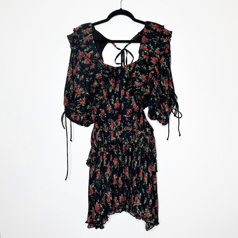 NEW ASOS Design Luxe Ruffle Floral Cut Out Pleat Mini Dress Womens Black SZ 12